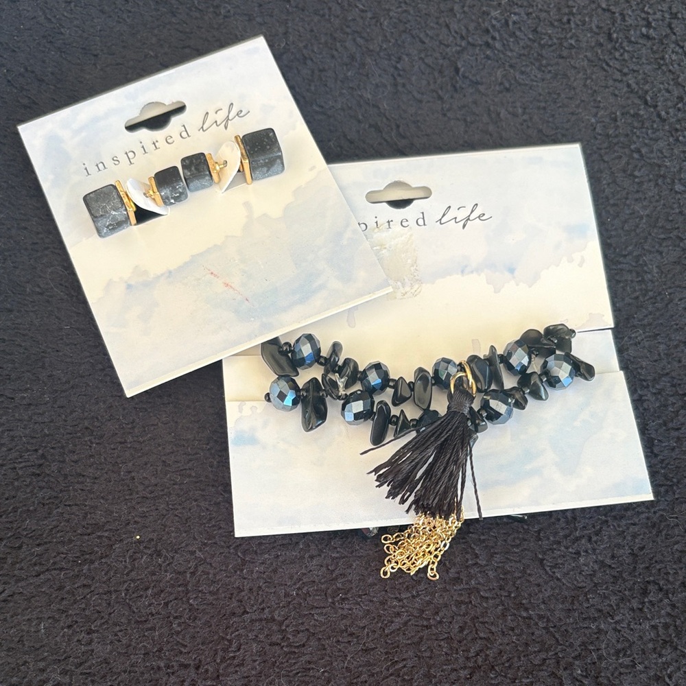 Inspire Black and Gold Earring and Bracelet Set